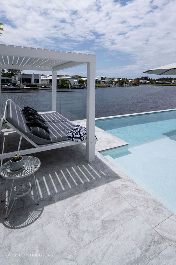 The CMP Porcelain tile in 'platinum travertine'.