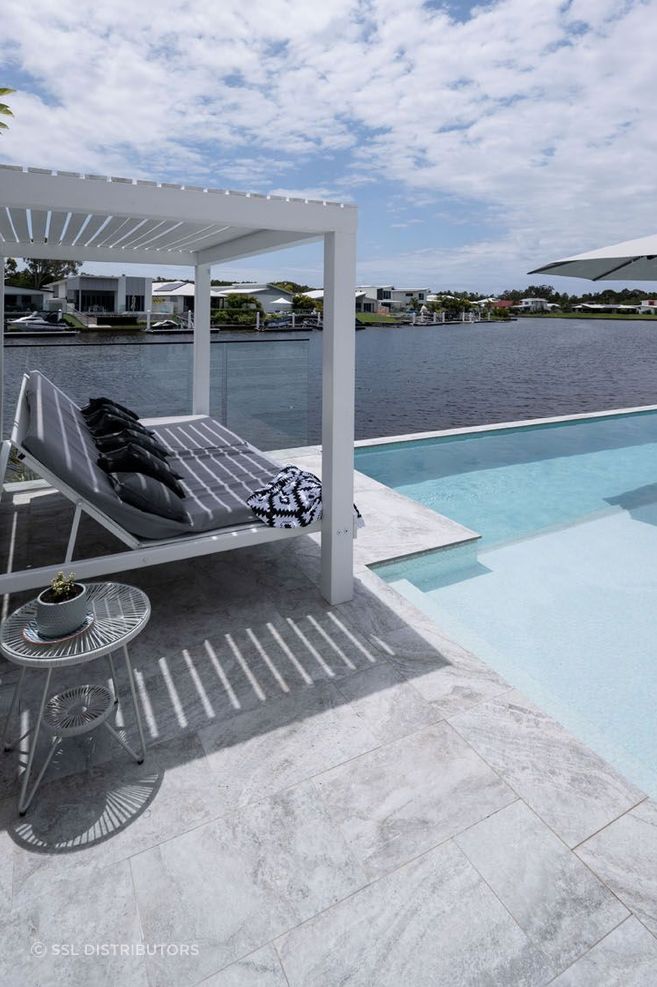 The CMP Porcelain tile in 'platinum travertine'.