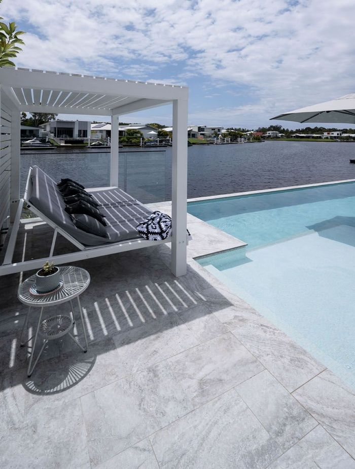 The CMP Porcelain tile in 'platinum travertine'.