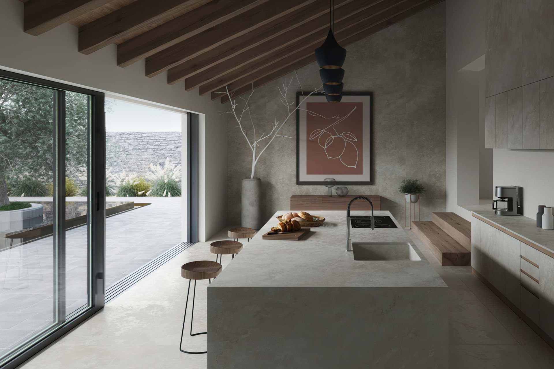 Flooring, cladding and kitchen island with Neolith Rapolano.