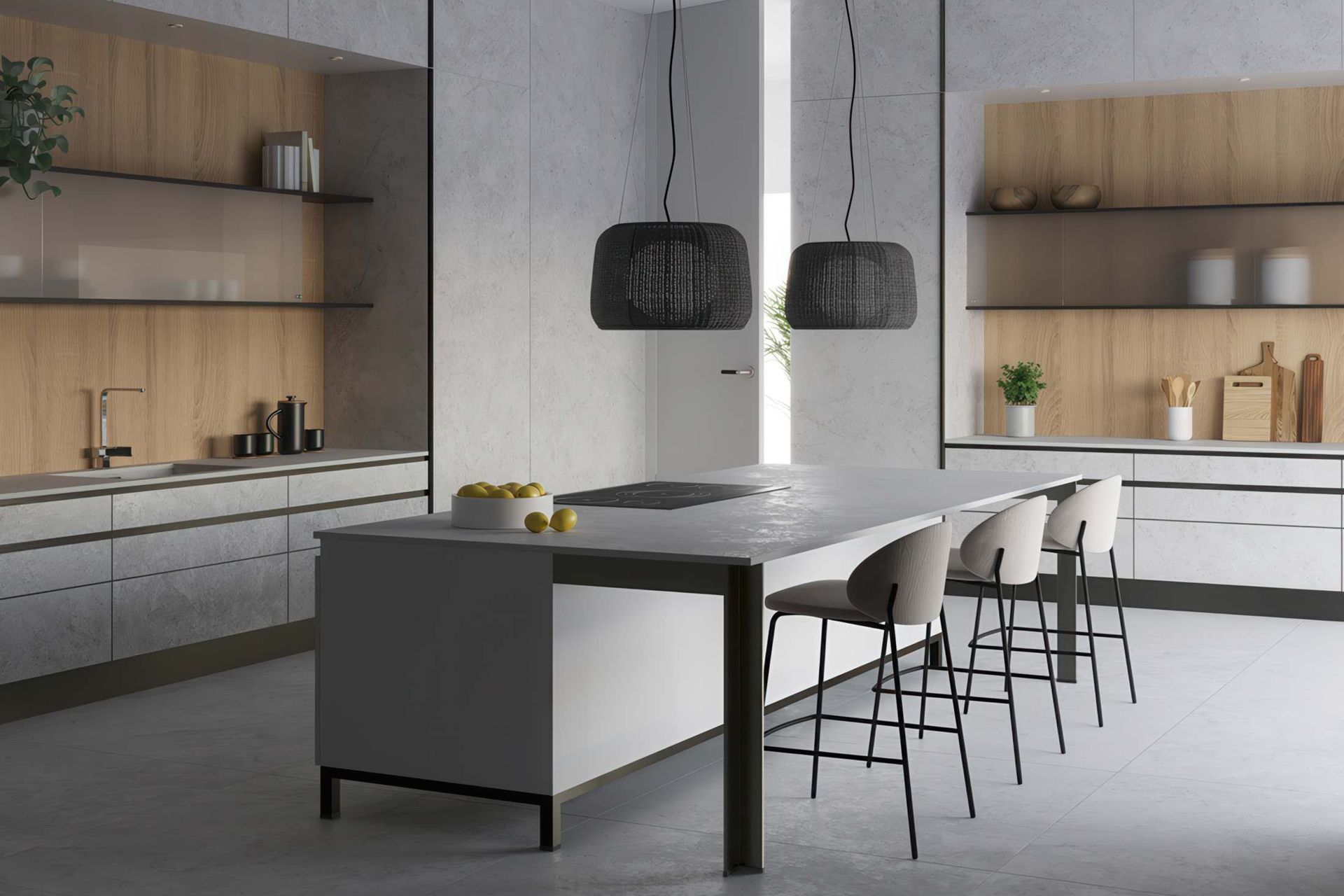 Floor, cladding, countertop and kitchen island with Neolith WhiteSands.