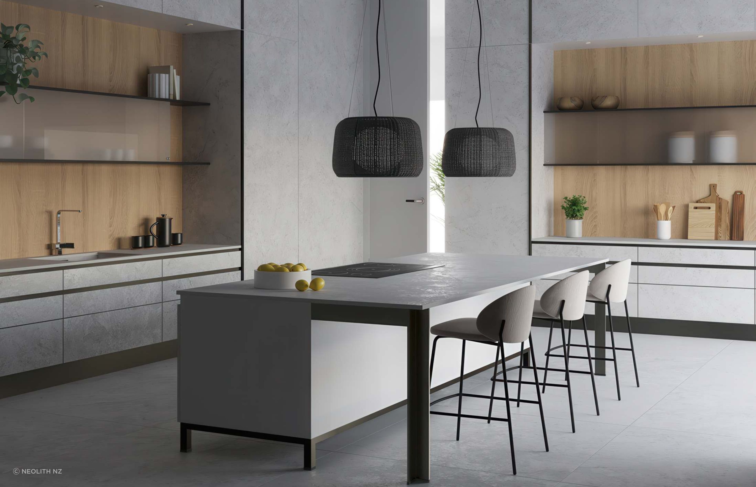 Floor, cladding, countertop and kitchen island with Neolith WhiteSands.