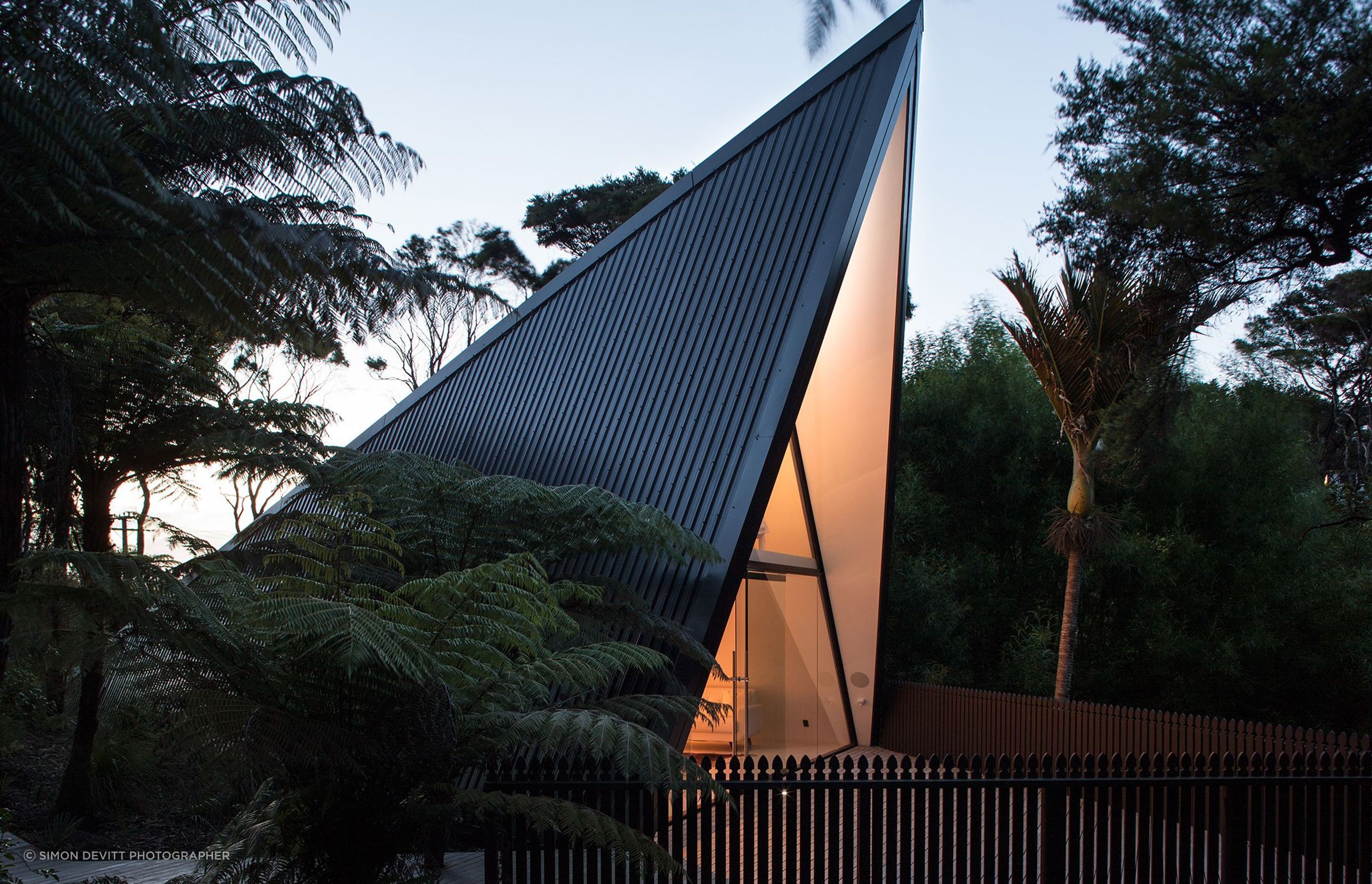 Chris Tate's Tent House on Waiheke Island utilises Colorsteel to clad both the roof and walls of this unusual A-frame structure.