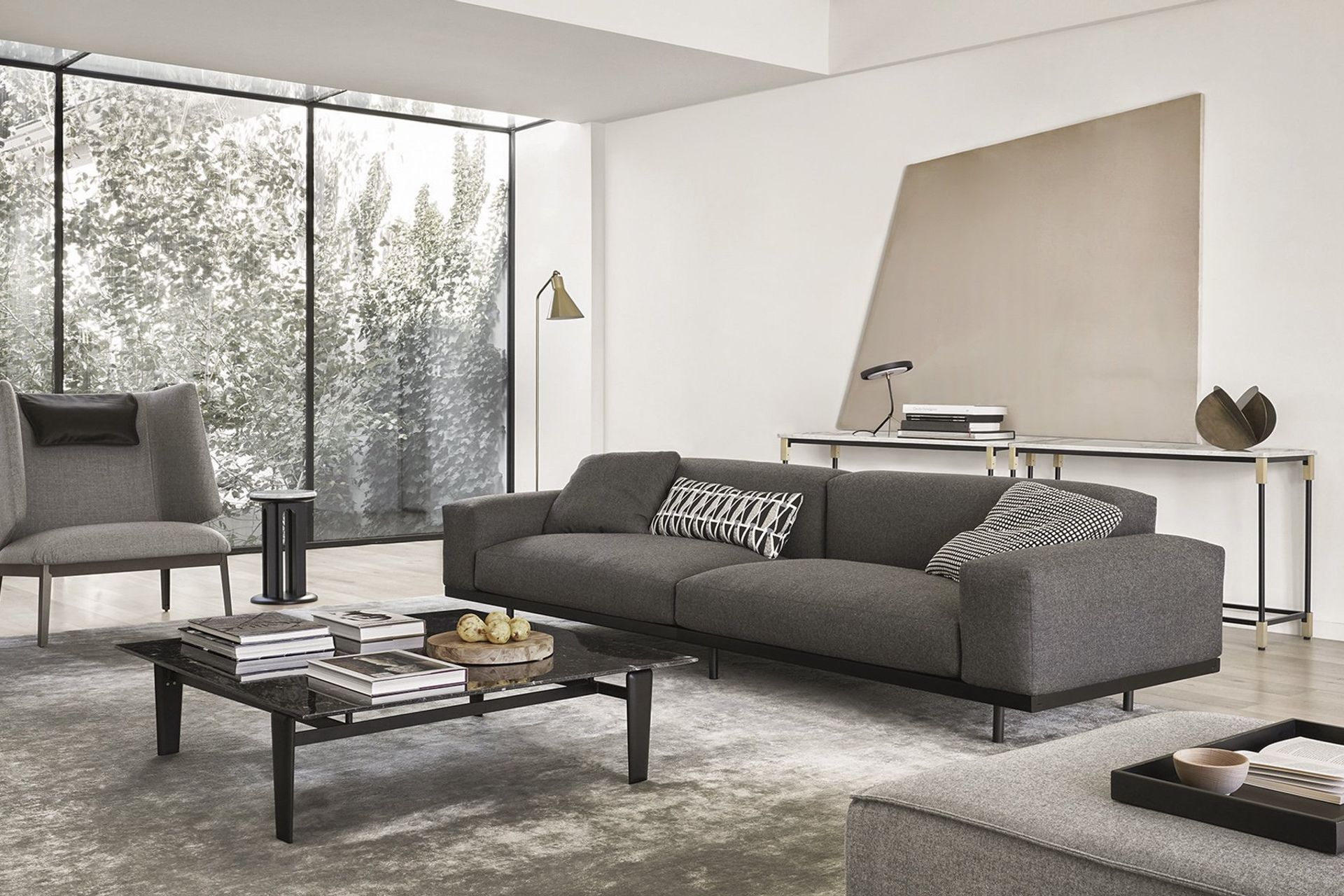 Excellent cushion arrangement on the Naviglio Sofa using patterns, texture and shapes