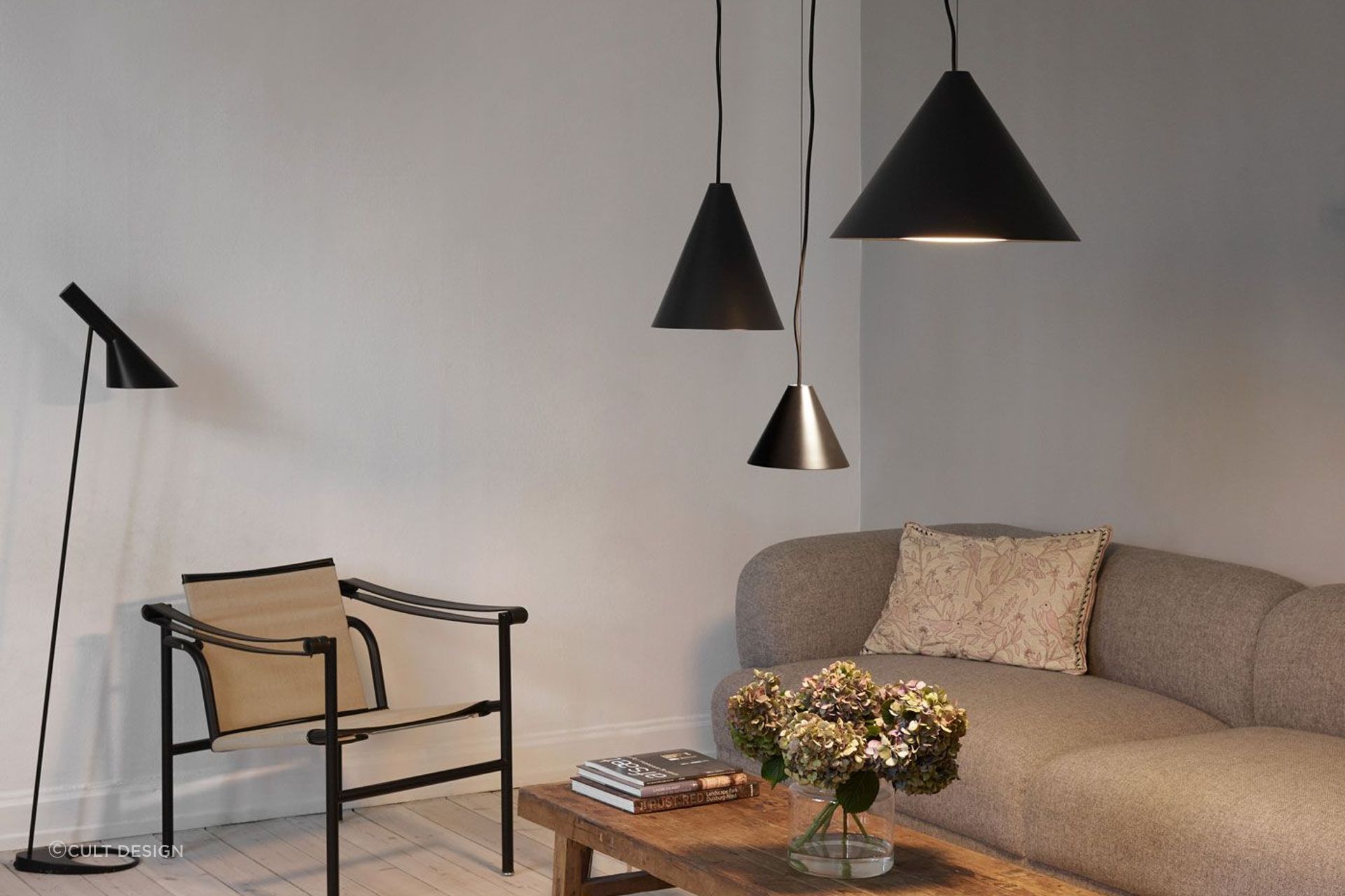 The distinctive conical shades and robust metal finishes personify the Keglen Pendants by Cult Design.