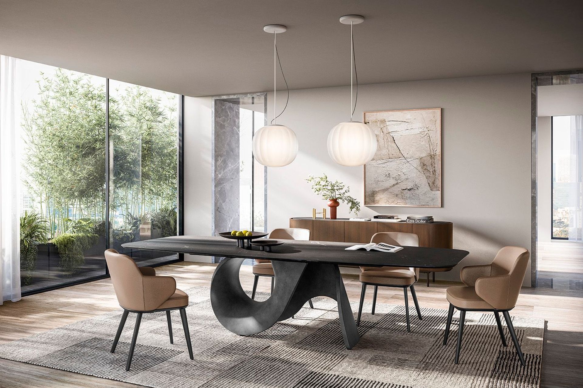A sleek, lengthy rug beautifully complements the slender design of this dining room table. Featured product: Seashell Dining Table.