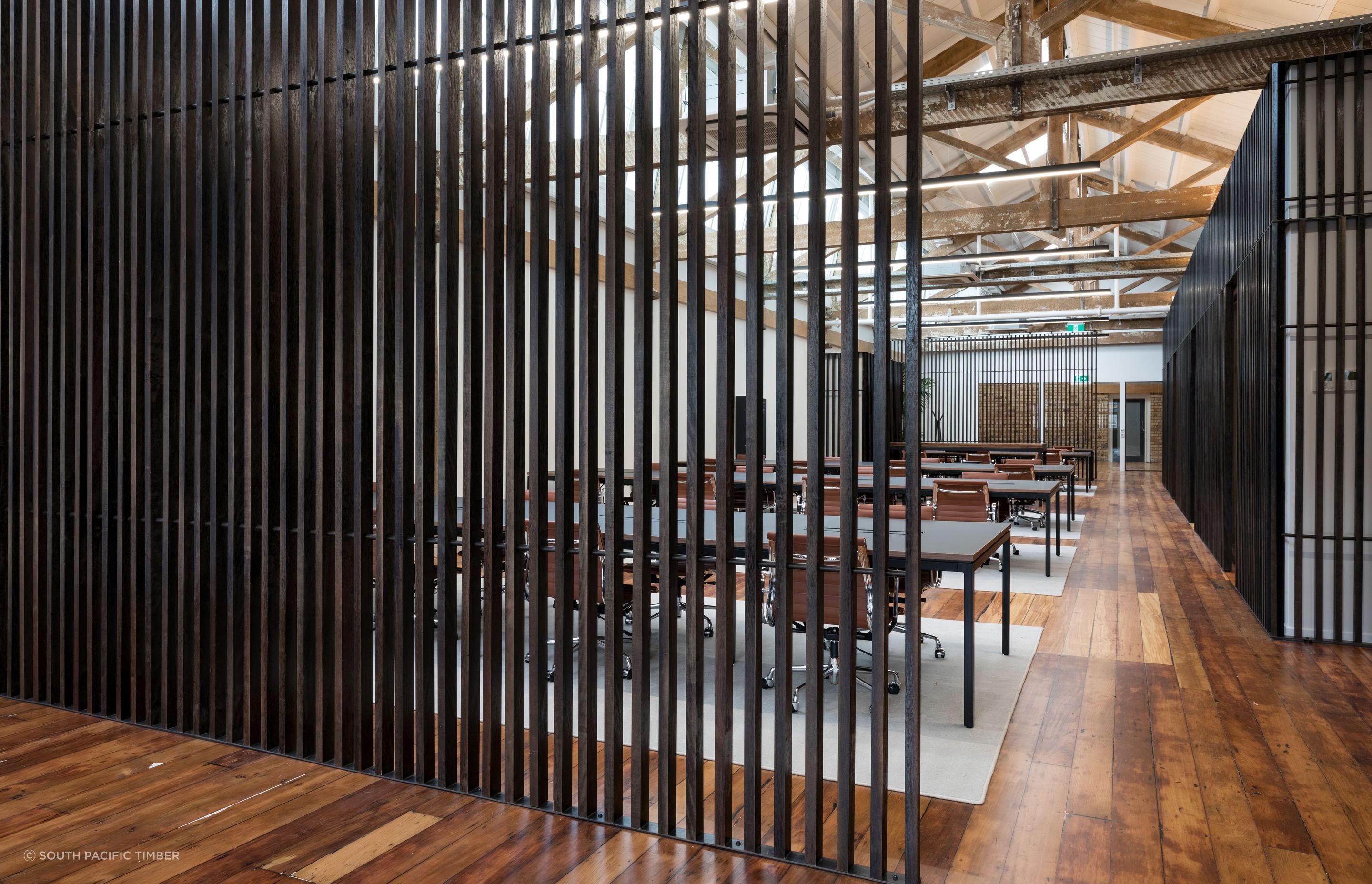 Akwa hardwood battens coated in a ‘Smoke Brown’ Woca Diamond Oil were used for the Textile Lofts office space, but different hardwoods and finishes can be used to achieve different aesthetics.