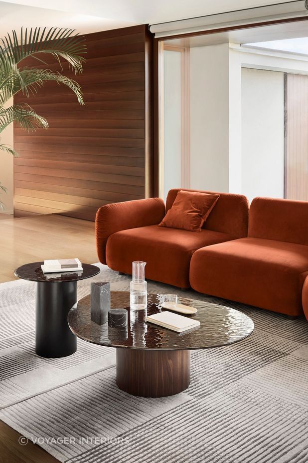 This mushroom coffee table enhances the style of this room.