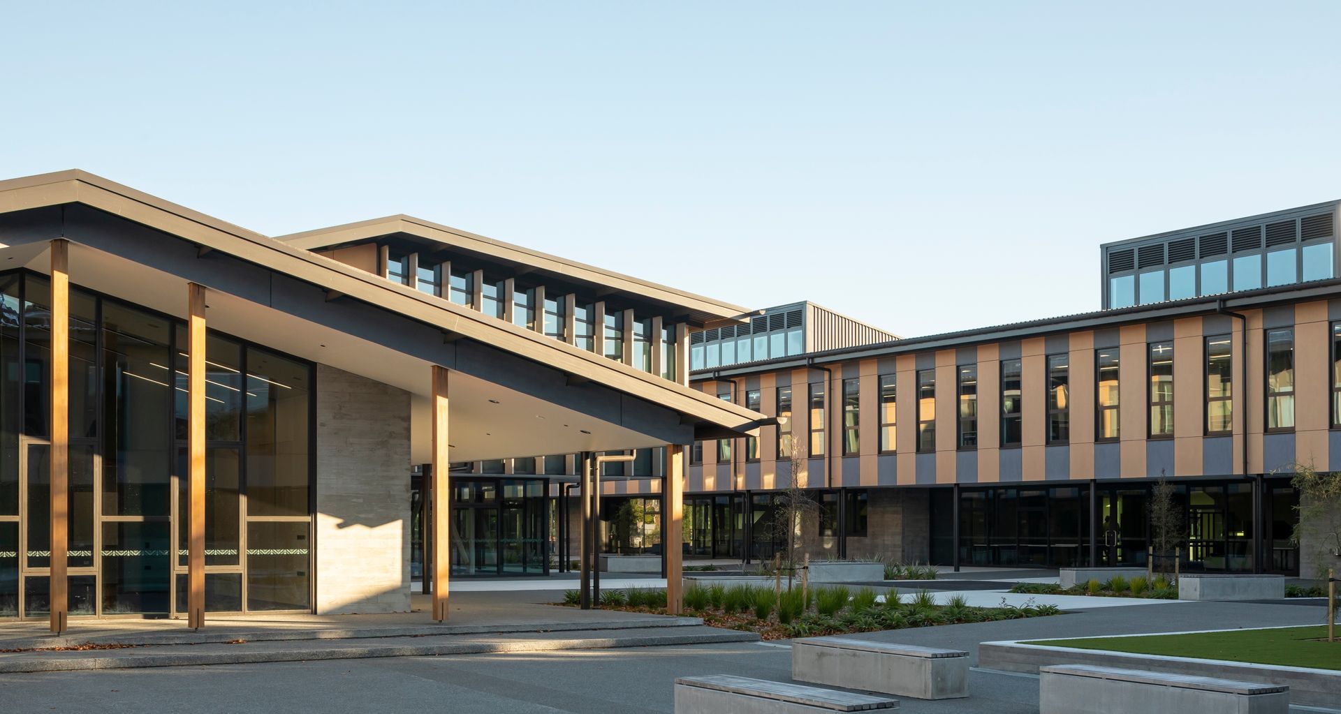 Te Aratai College facade by The Building Agency. Image credit: Sarah Rowlands Photography.