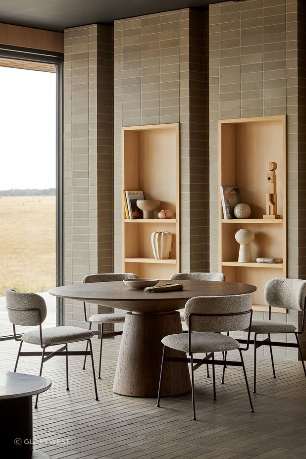 Pictured: Classique Round Dining Tables, Piccolo Dining Chair, Hanson Eden Set of 3 Bowls, Talua Goblet Bowl, Orb Set of 3 Sculptures, Coral Vessel & Spire Vessels, Boden Stripe Bud Vase, Theron Geo Sculpture, Rufus Indra Pill Shallow Bowl