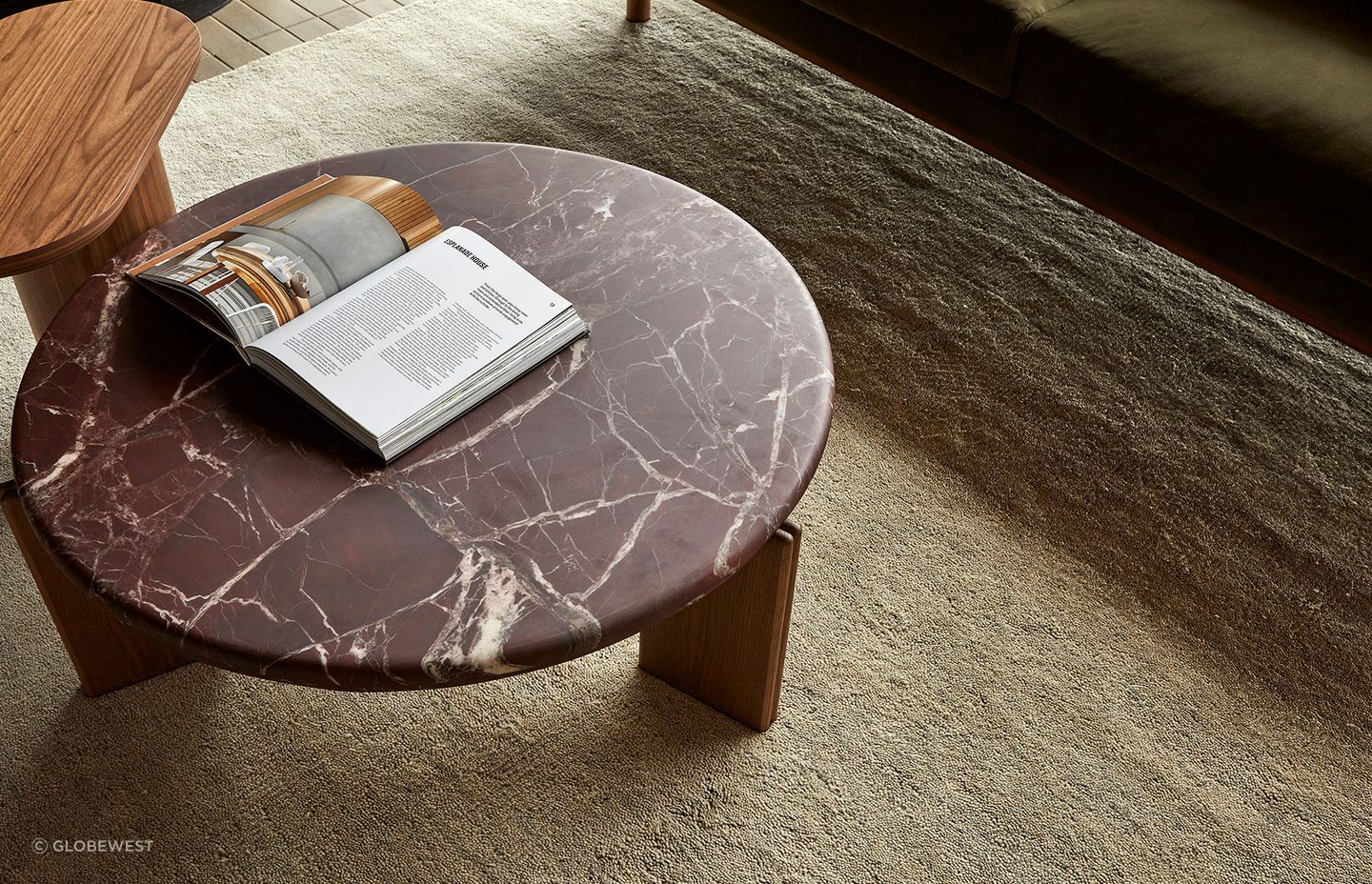 Pictured: Ray Marble Coffee Table, Seb Pedestal Tall Side Table, Sidney Fold 3 Seater Sofa, Bower Faris Rug (Pumice)
