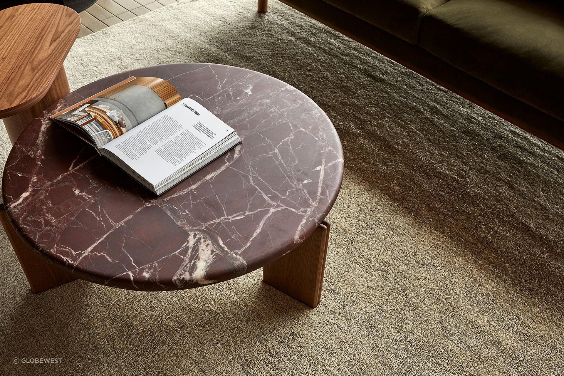 Pictured: Ray Marble Coffee Table, Seb Pedestal Tall Side Table, Sidney Fold 3 Seater Sofa, Bower Faris Rug (Pumice)