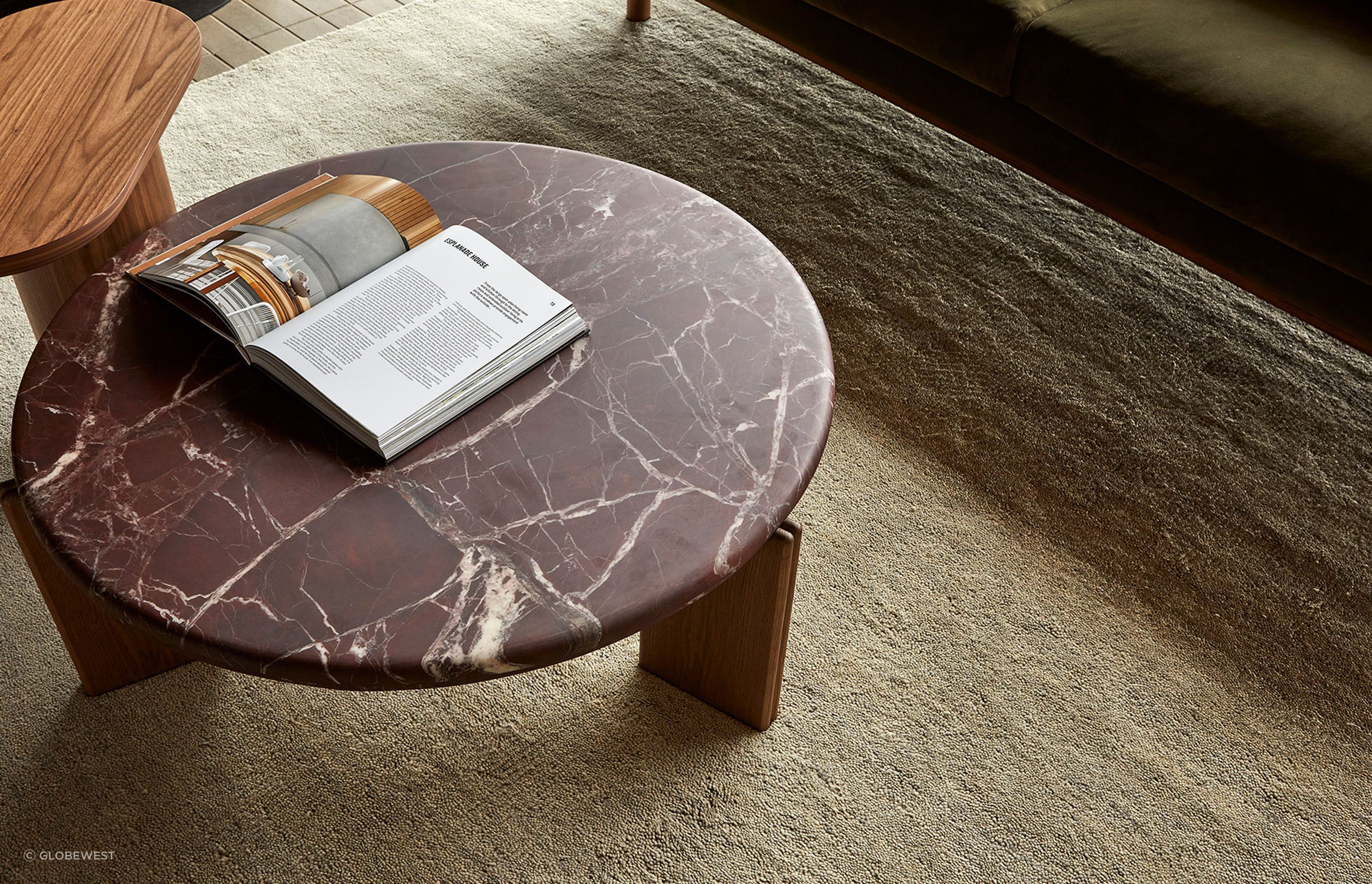Pictured: Ray Marble Coffee Table, Seb Pedestal Tall Side Table, Sidney Fold 3 Seater Sofa, Bower Faris Rug (Pumice)