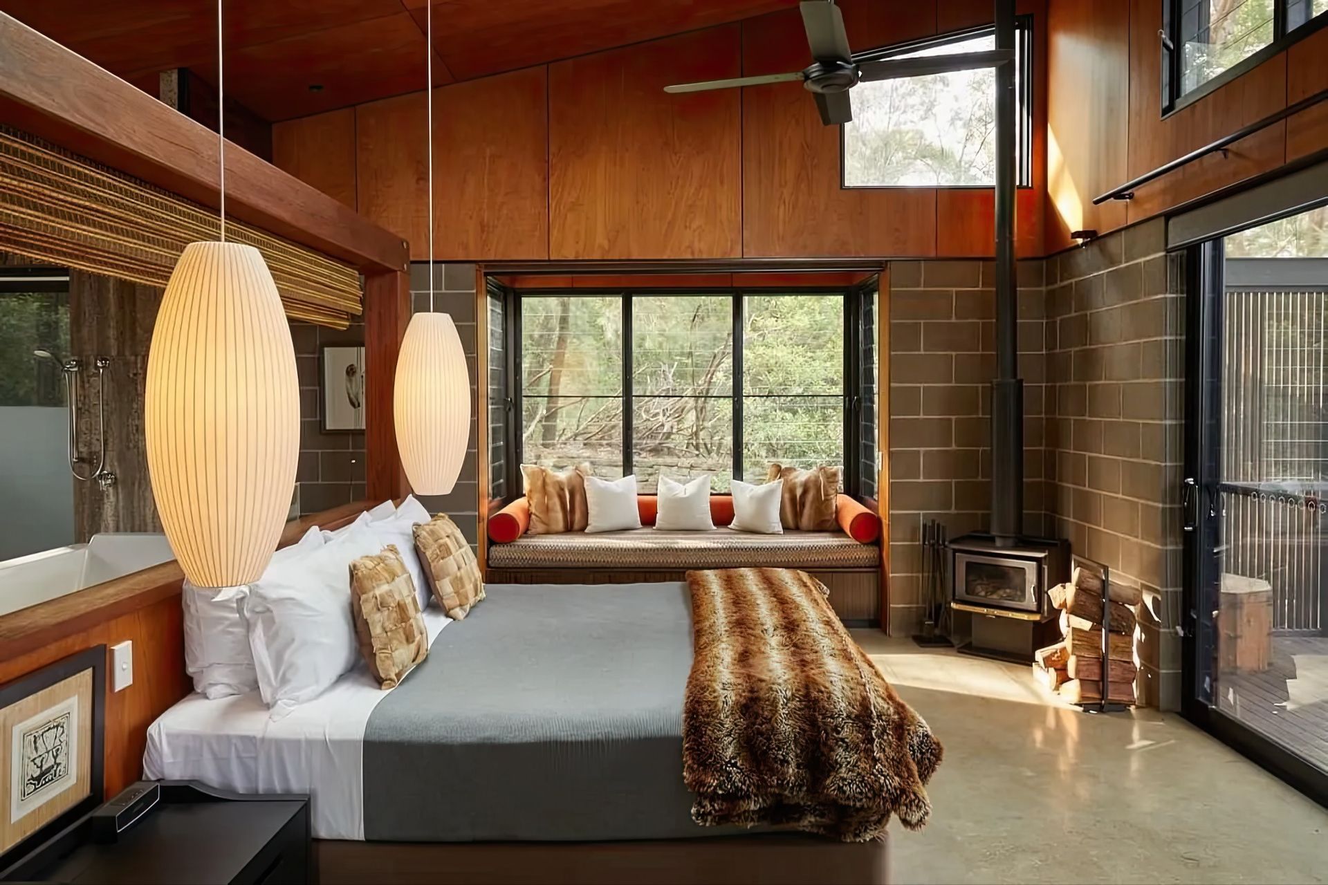 Cosy interior at Spicers Sangoma Retreat, Bowen Mountains, which features Bemboka towels and blankets throughout.