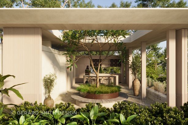 Gorgeous outdoor bar room in Hastings house designed by Gerard Smith Design