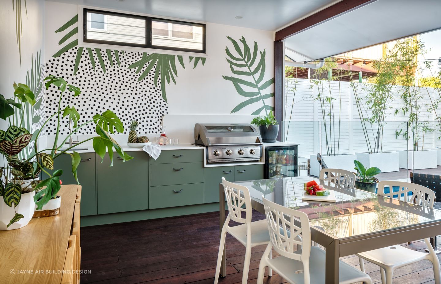 Outdoor kitchens are often combined with open dining areas