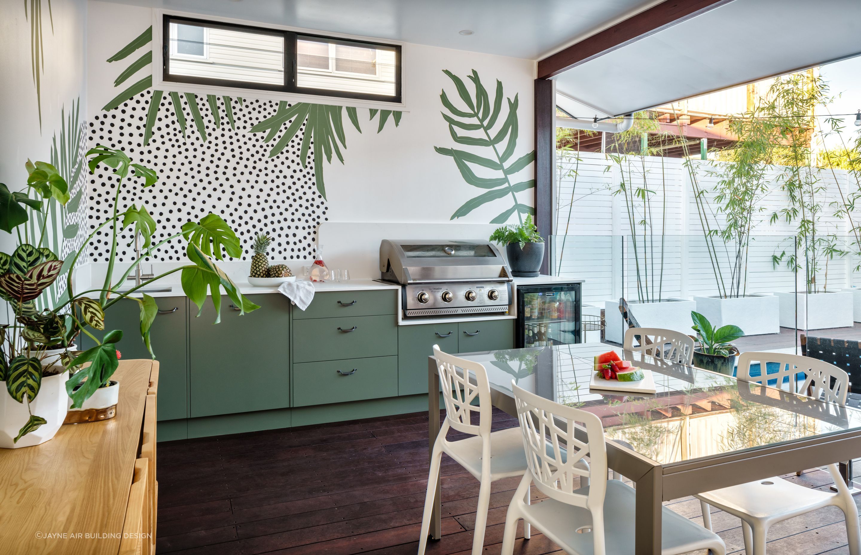 Outdoor kitchens are often combined with open dining areas