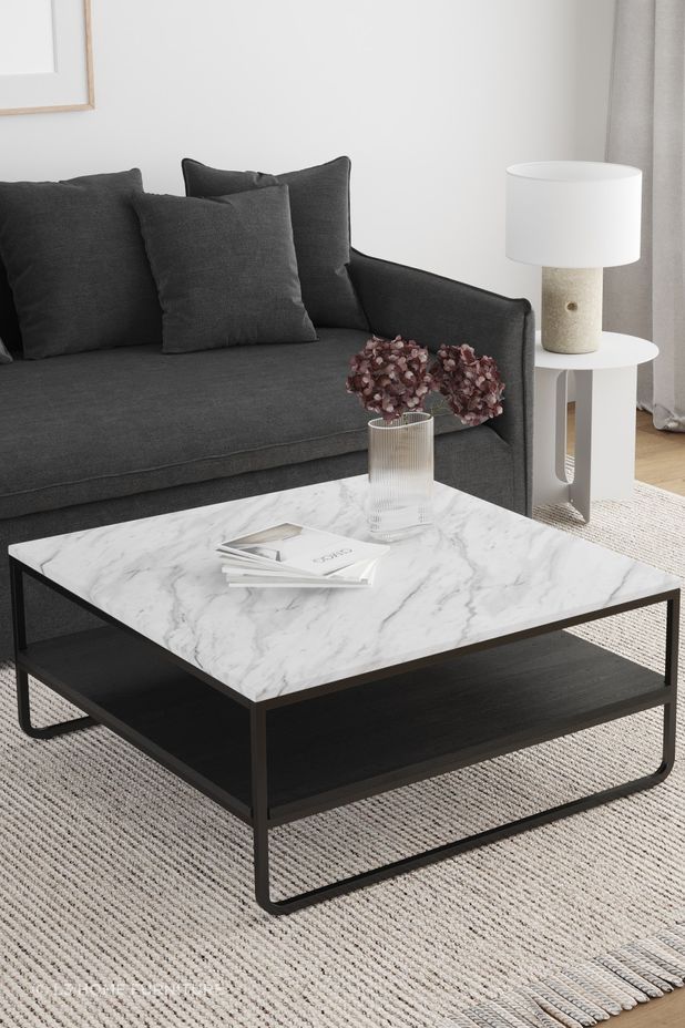 Estoria White Marble Square Shelf Coffee Table | Black by L3 Home