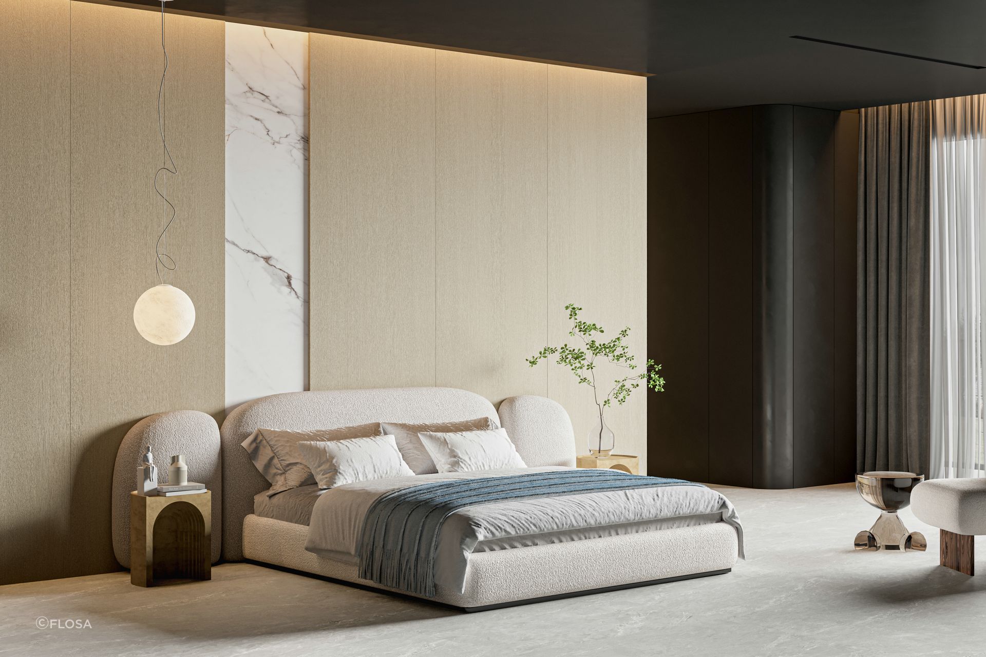 Use the Sweden Spruce slab as a feature wall or façade for cabinet doors in the bedroom.