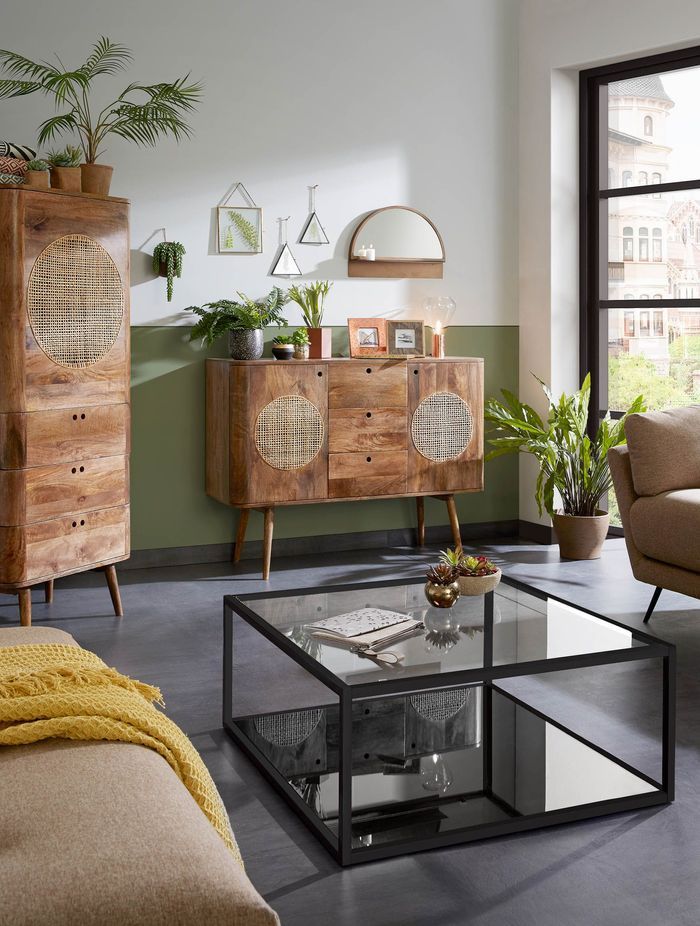 Square coffee tables come in a variety of materials, including hardwood and glass.