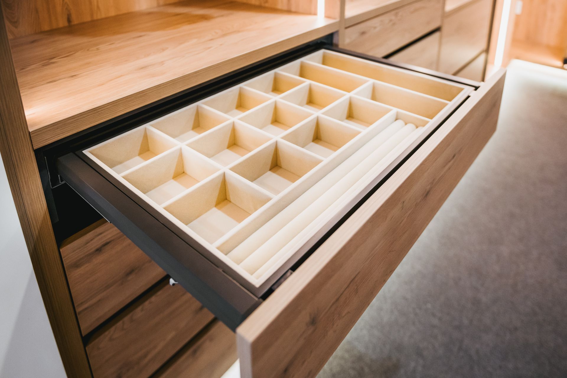 Bespoke drawer dividers are a great way to elevate your wardrobe.