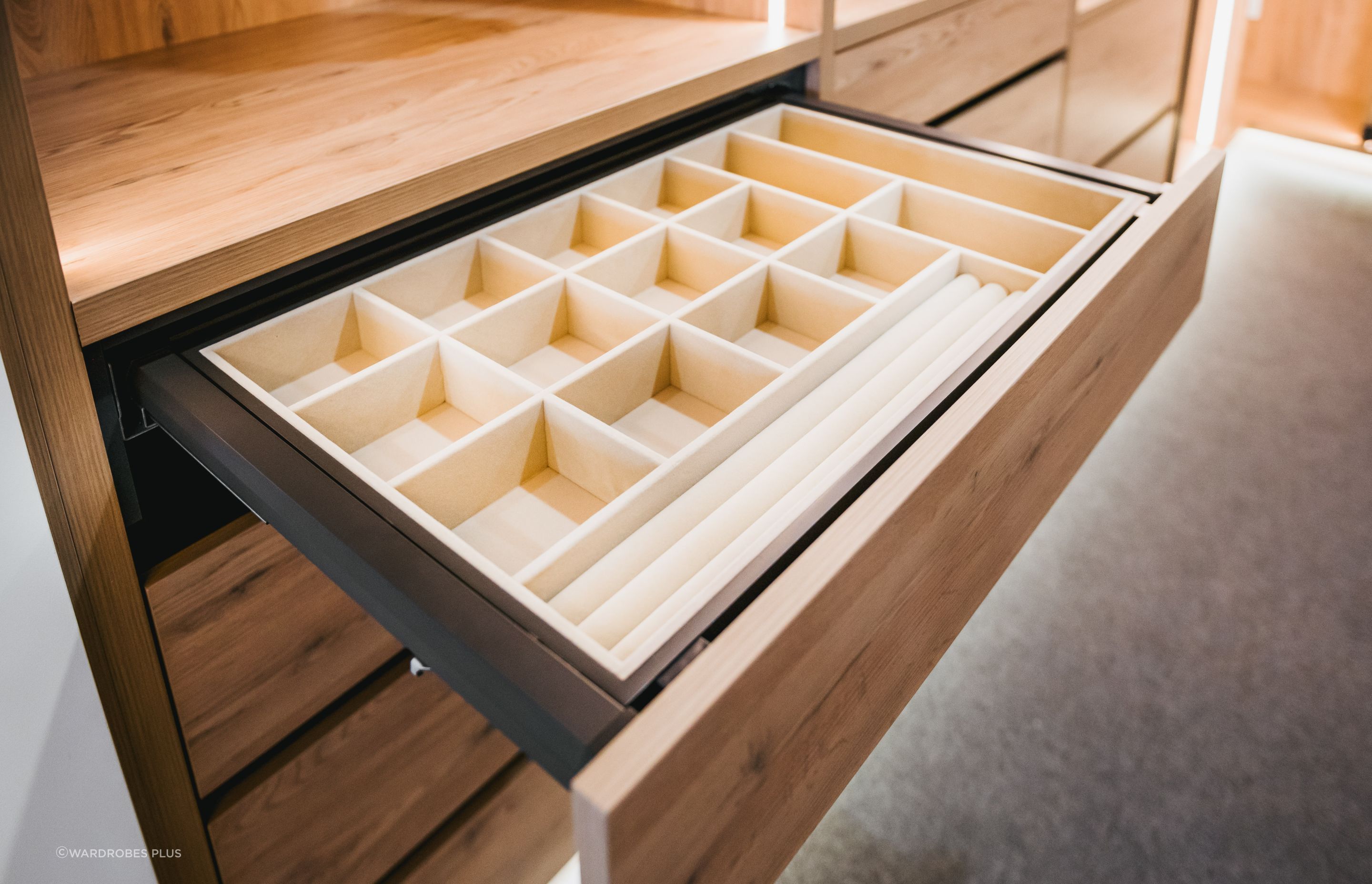 Bespoke drawer dividers are a great way to elevate your wardrobe.