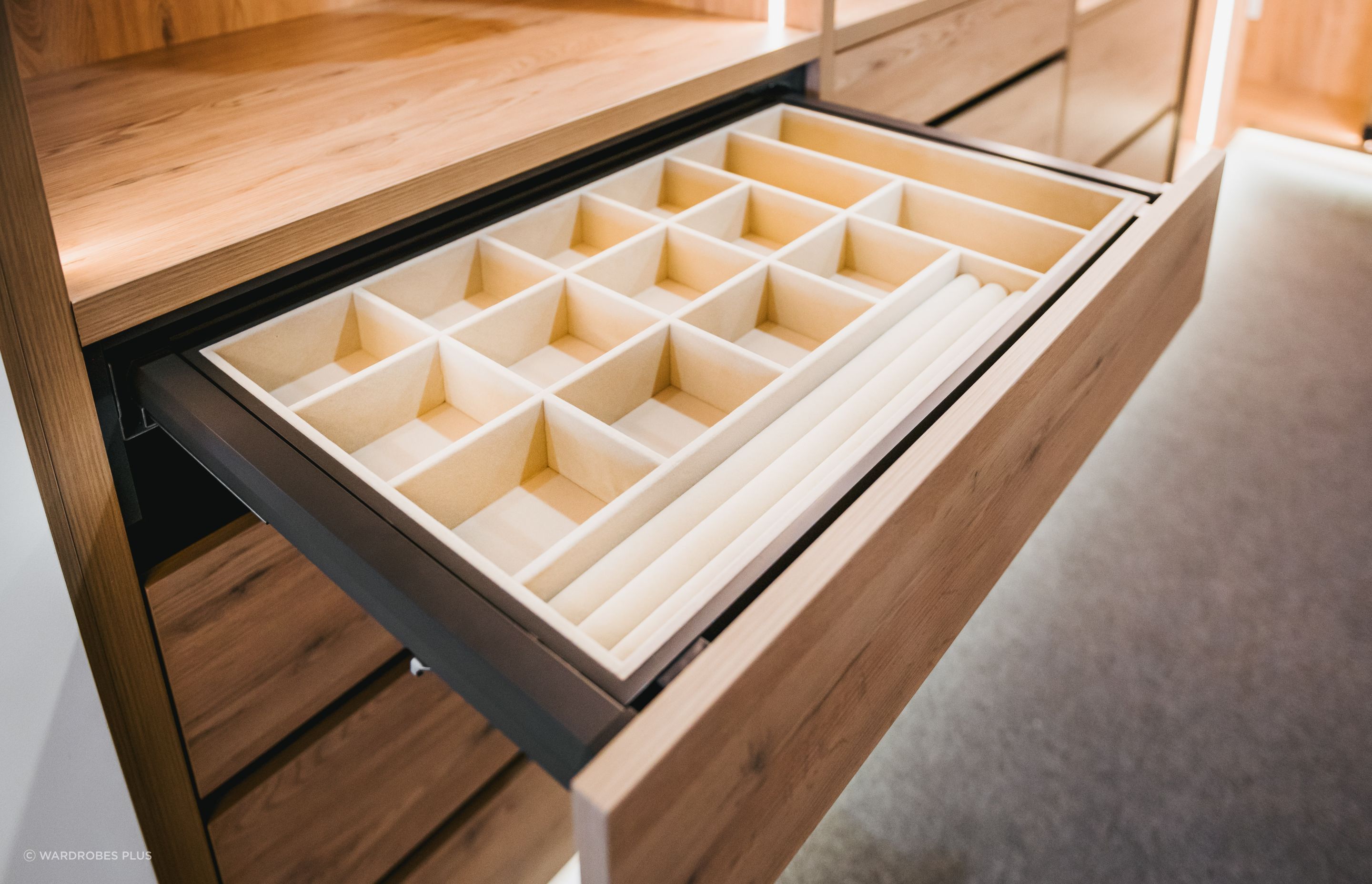 Bespoke drawer dividers are a great way to elevate your wardrobe.