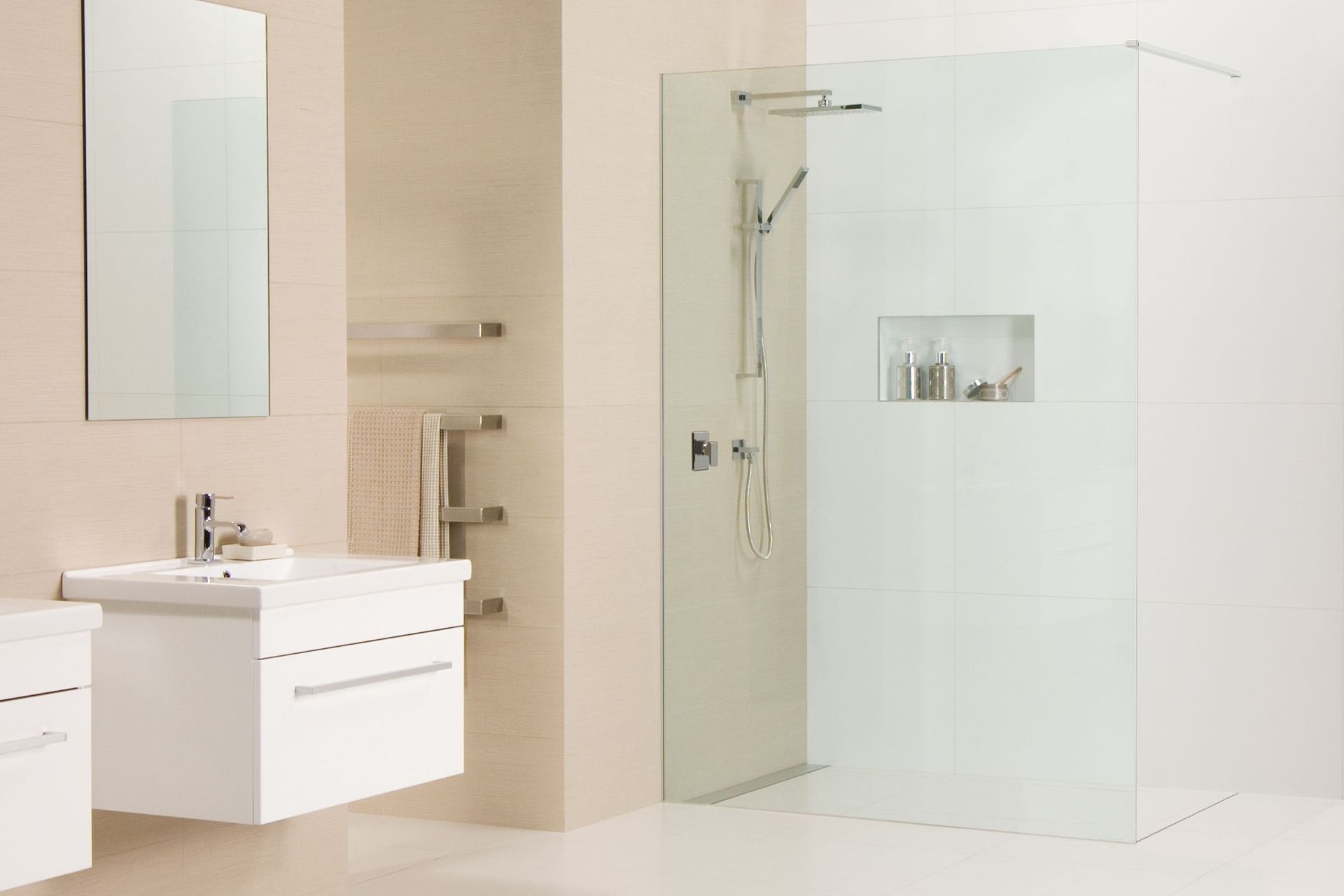 The Atlantis EasyChannel Drain System is barely noticeable, enhancing the streamlined look of a bathroom.