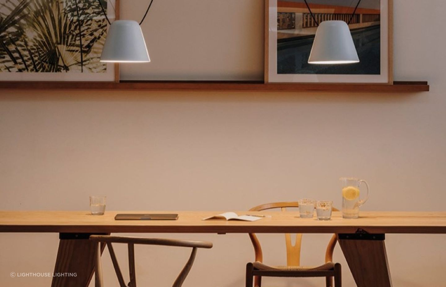 Attic Light Pendants from Lighthouse Lighting showing how well two dining table lights can work together.