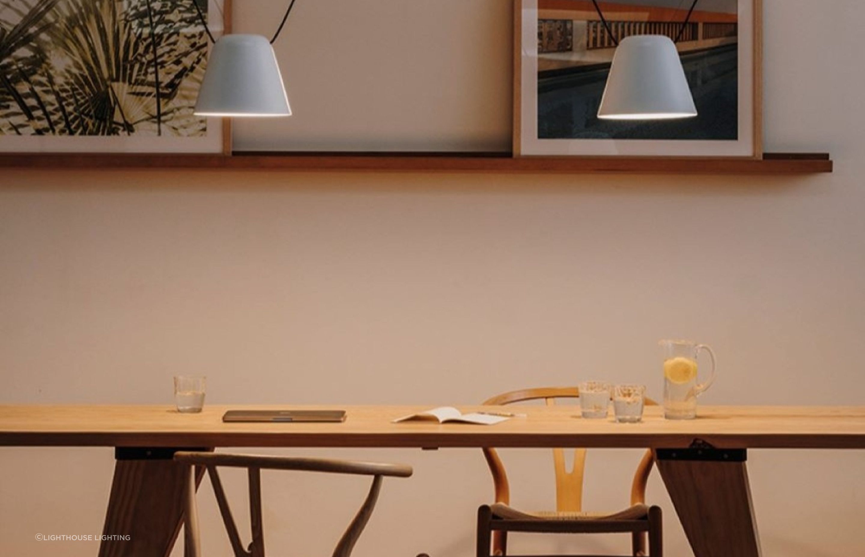 Attic Light Pendants from Lighthouse Lighting showing how well two dining table lights can work together.