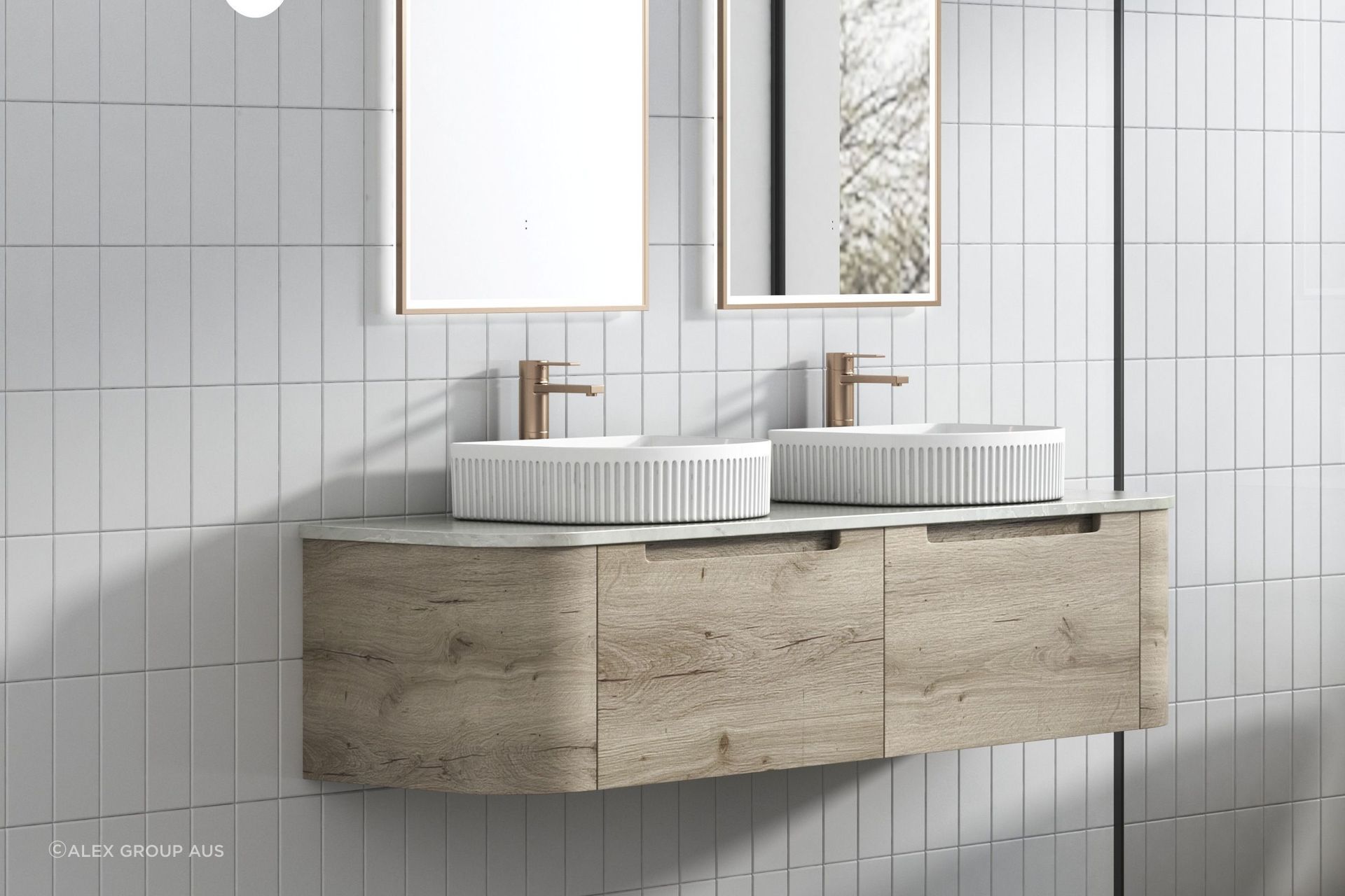 The Aulic Hamilton Wall Hung Vanity by Alex Group Aus is 1500mm in width, a standard size for a double vanity.
