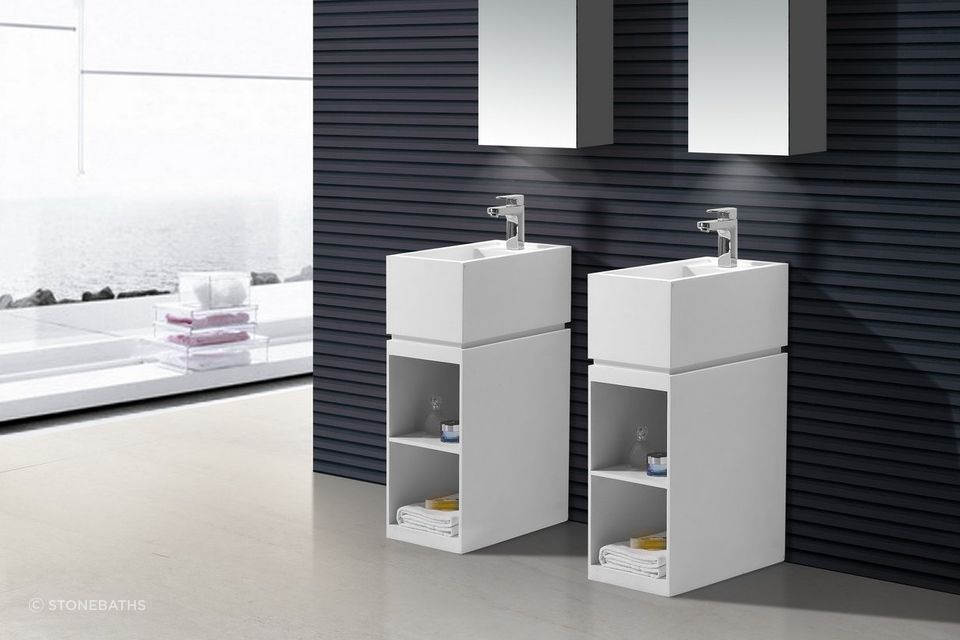 The B1585 Freestanding Stone Basin Units are compact enough that they can be stylishly paired.