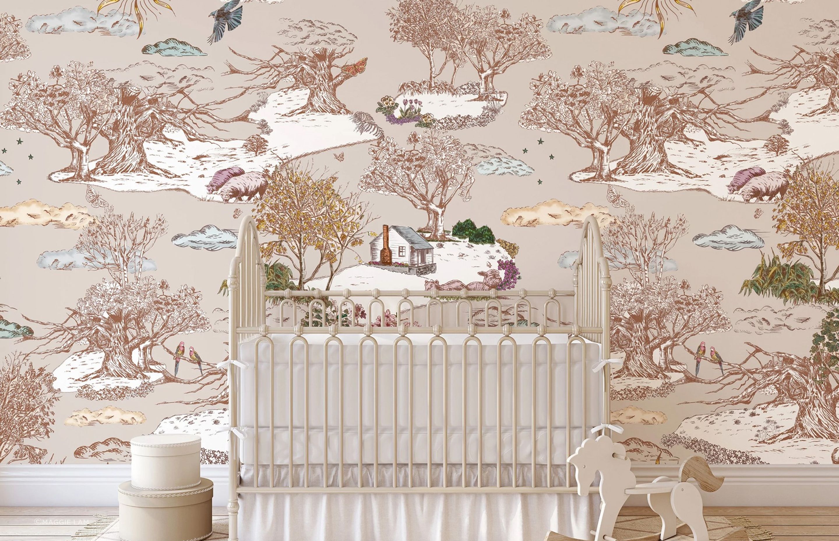 A nursery room is a fantastic space for an uplifting accent wall, personified wonderfully here with the Beautiful Gift Mural Wallpaper by Maggie Lam.