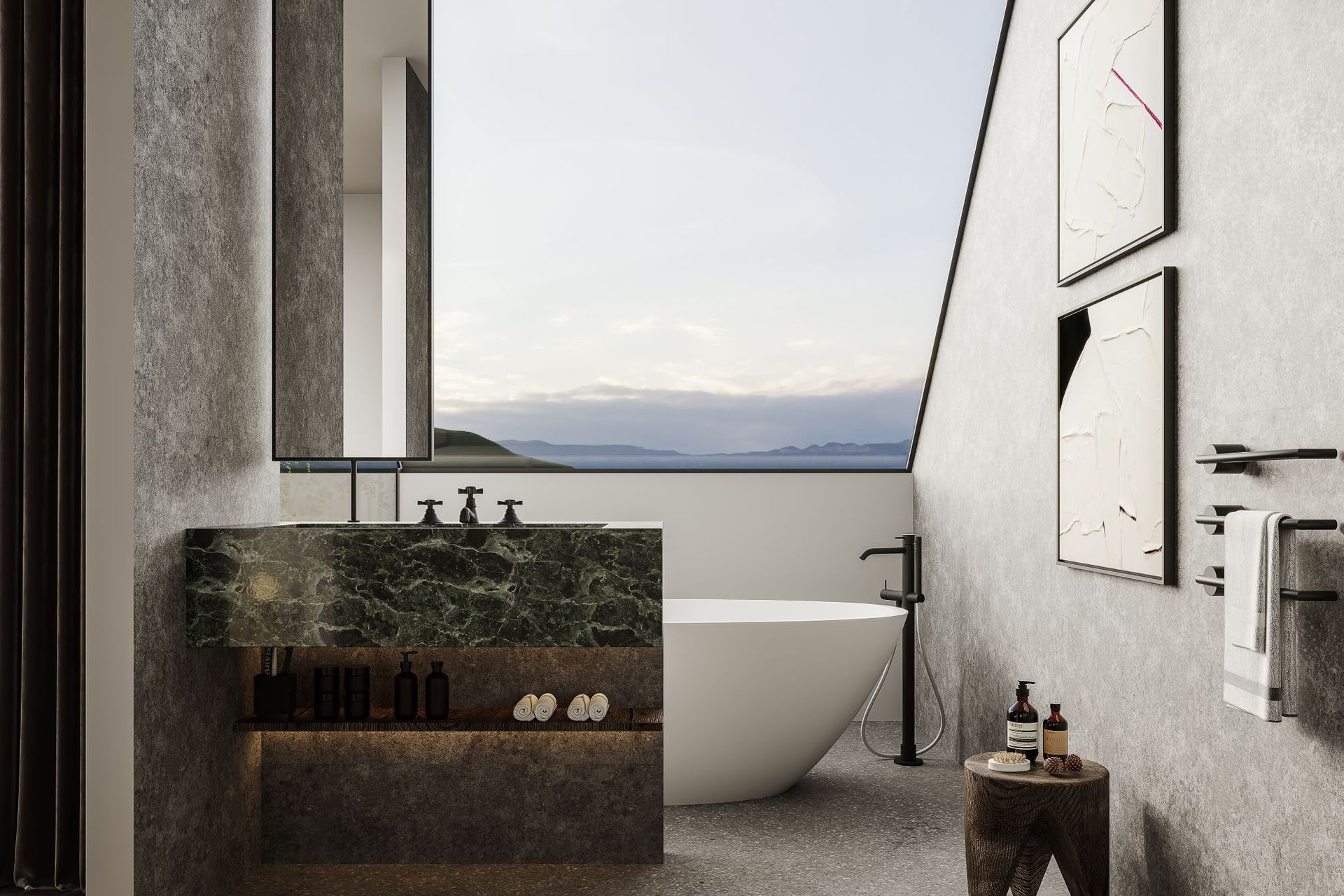 A couple of pieces of wall art, as seen here in the Belmont project bathroom, can add a bit of expression and personality.