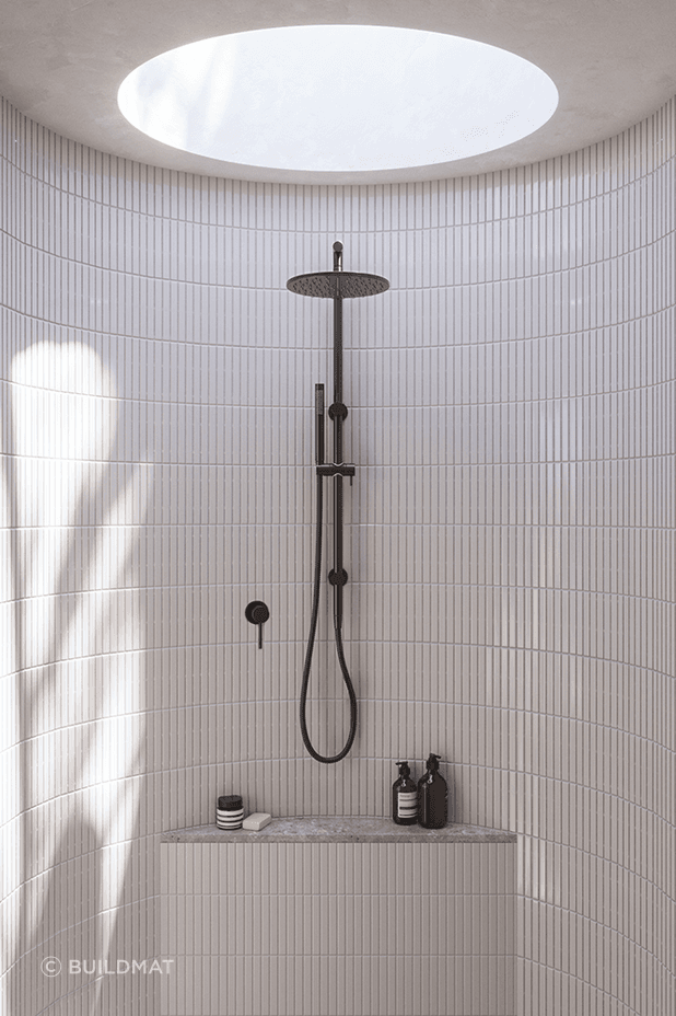 A stunning walk-in shower and a stunning product — the Mira Brushed Gunmetal Shower Rail Twin Set from Buildmat.