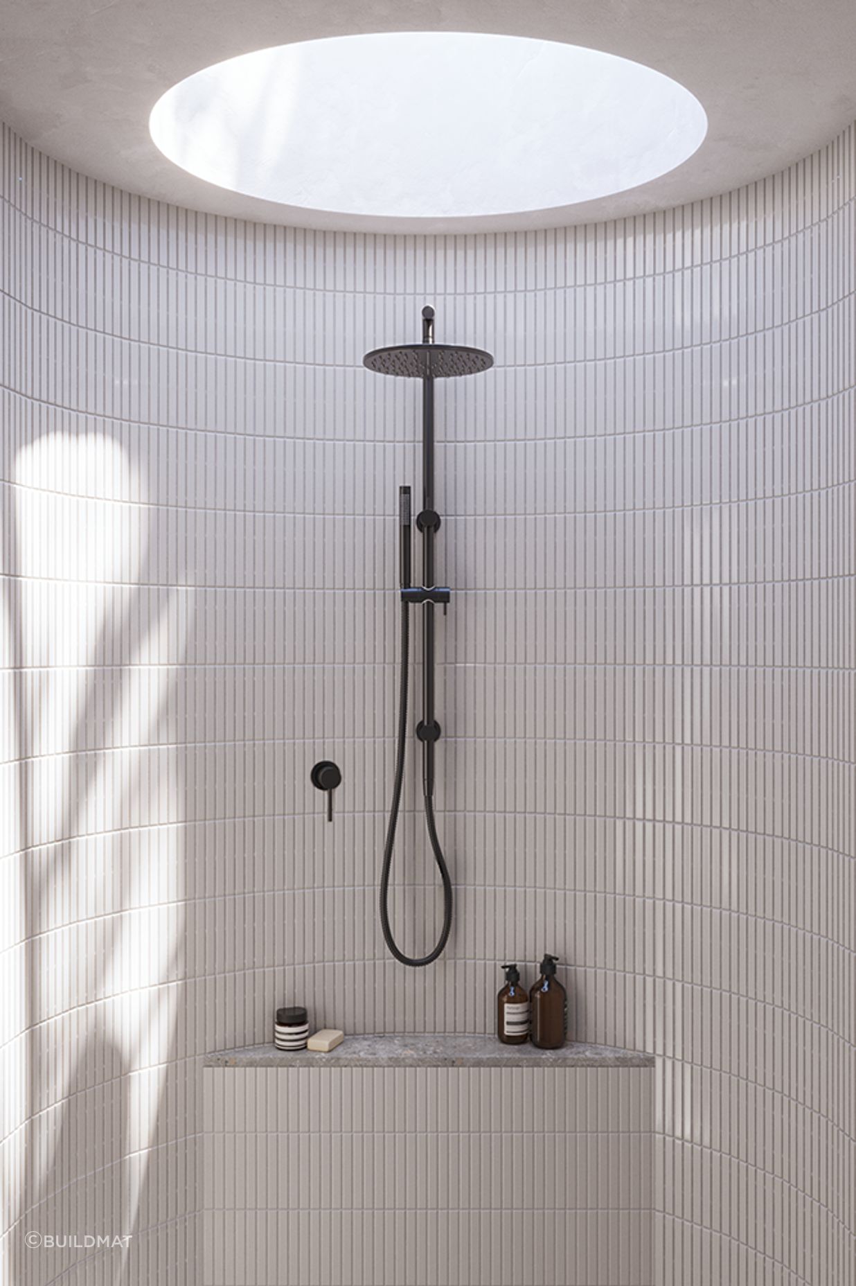 A stunning walk-in shower and a stunning product — the Mira Brushed Gunmetal Shower Rail Twin Set from Buildmat.