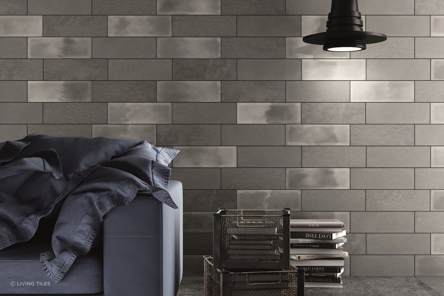 The grey Living Camp Wall tiles work well with this dark charcoal and light, creating a sophisticated industrial-looking interior.