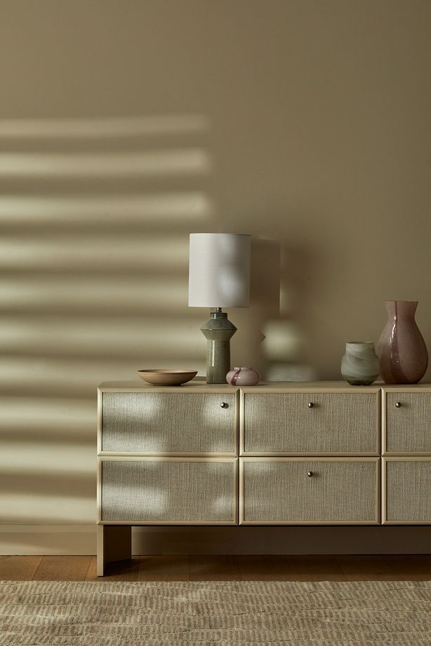 Elodie Buffet, Lorne Post Table Lamp, Hanson Eden Set of 3 Bowls, Boden Stripe Bud Vase, Stripe Bottle Vase & Pearl Vase, Bower River Rug (Natural)