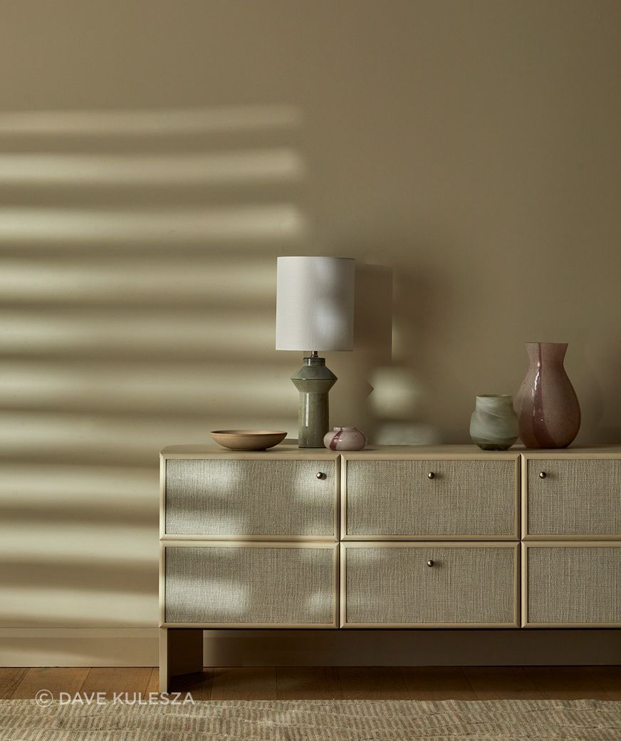 Pictured: Elodie Buffet, Lorne Post Table Lamp, Hanson Eden Set of 3 Bowls, Boden Stripe Bud Vase, Stripe Bottle Vase & Pearl Vase, Bower River Rug (Natural)