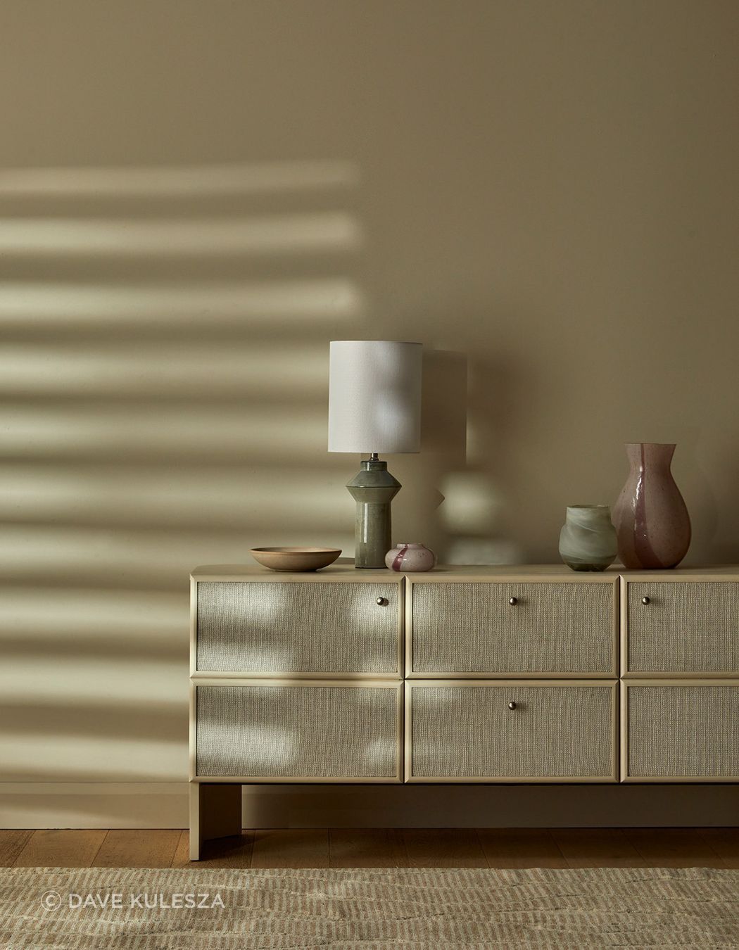 Pictured: Elodie Buffet, Lorne Post Table Lamp, Hanson Eden Set of 3 Bowls, Boden Stripe Bud Vase, Stripe Bottle Vase & Pearl Vase, Bower River Rug (Natural)