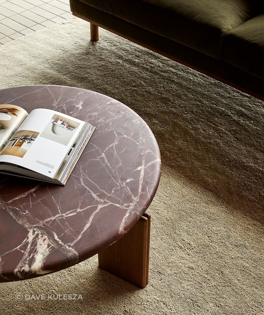 Pictured: Ray Marble Coffee Table, Sidney Fold 3 Seater Sofa, Bower Faris Rug (Pumice)