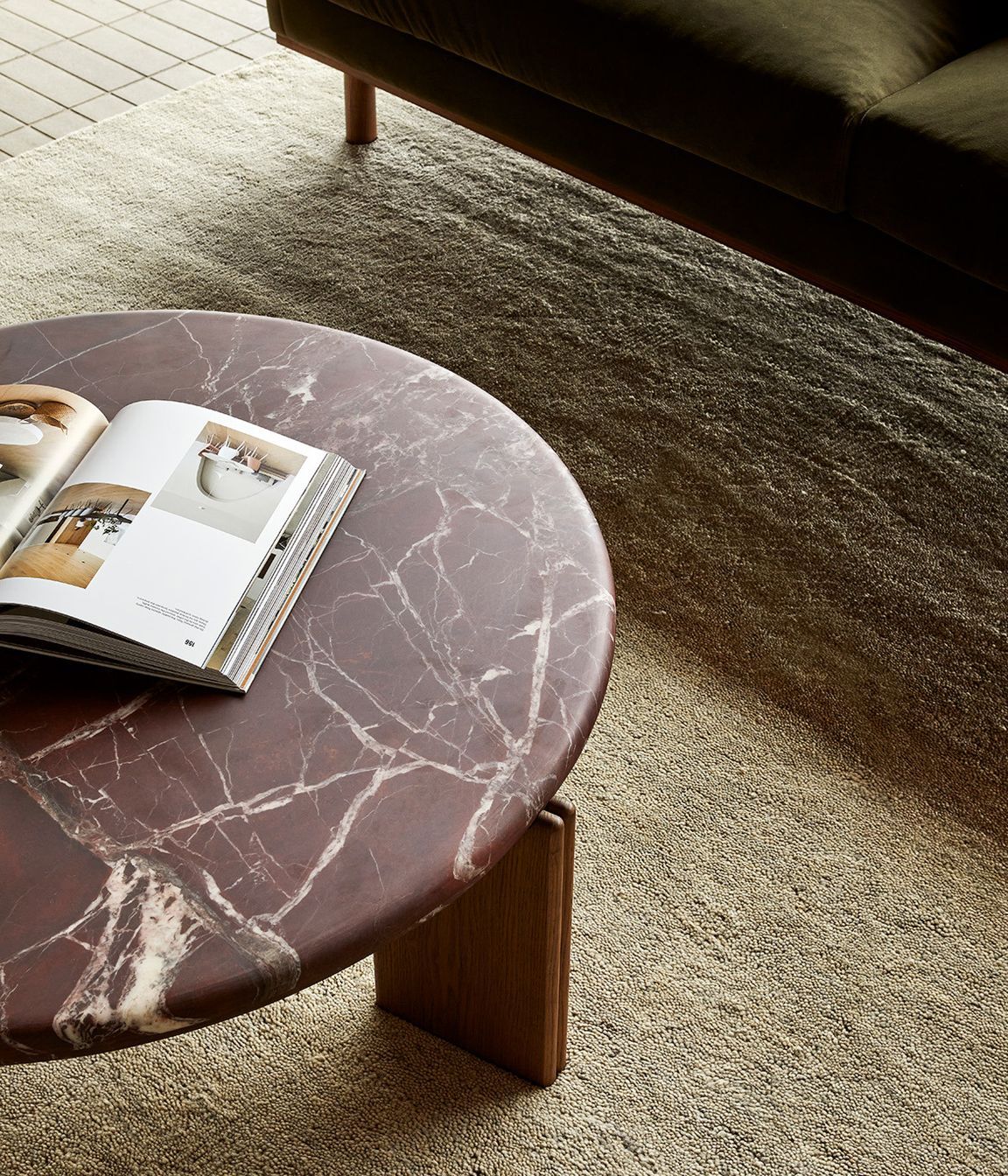 Pictured: Ray Marble Coffee Table, Sidney Fold 3 Seater Sofa, Bower Faris Rug (Pumice)