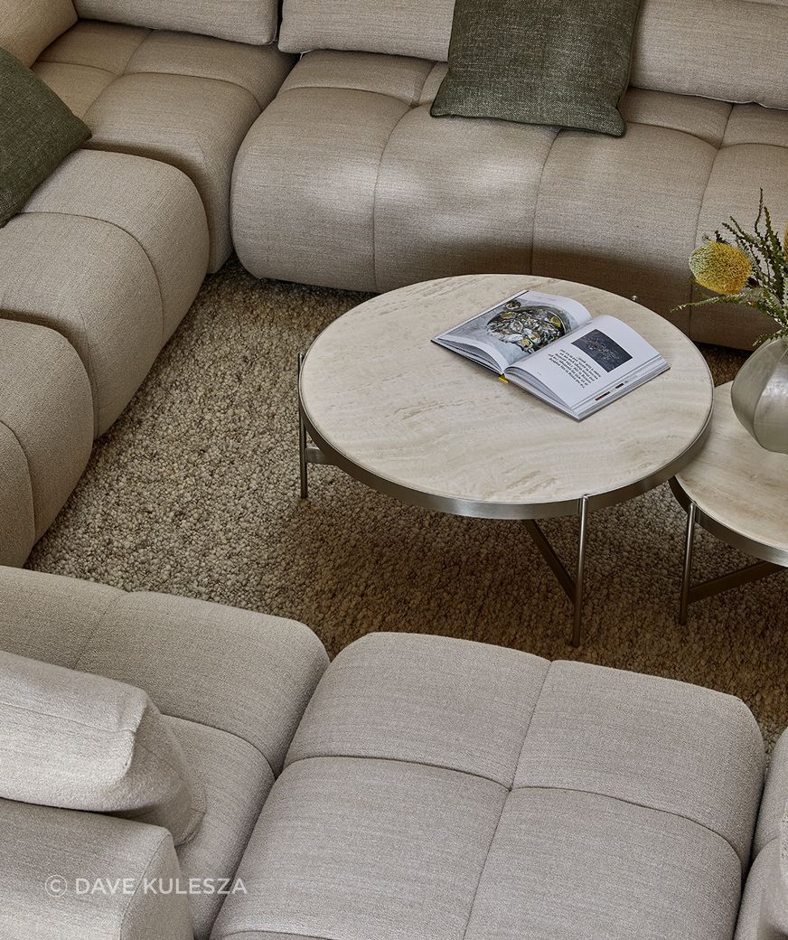 Pictured: Sidney Tullio Modular Sofa, Venus Coffee Tables, Boden Ridge Vase, Hugo Square & Rectangle Cushions, Tepih Boucle Rug (Chai)
