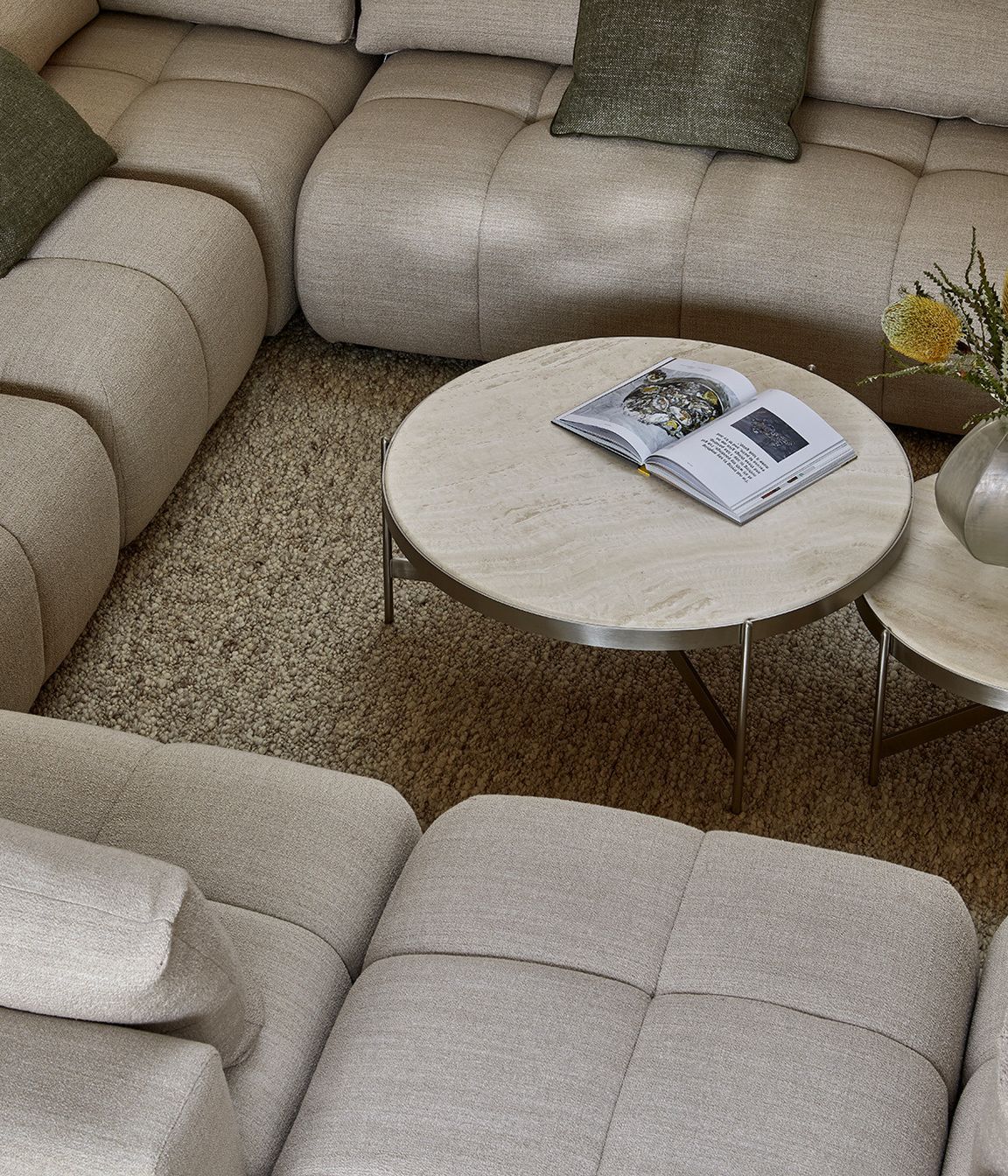 Pictured: Sidney Tullio Modular Sofa, Venus Coffee Tables, Boden Ridge Vase, Hugo Square & Rectangle Cushions, Tepih Boucle Rug (Chai)