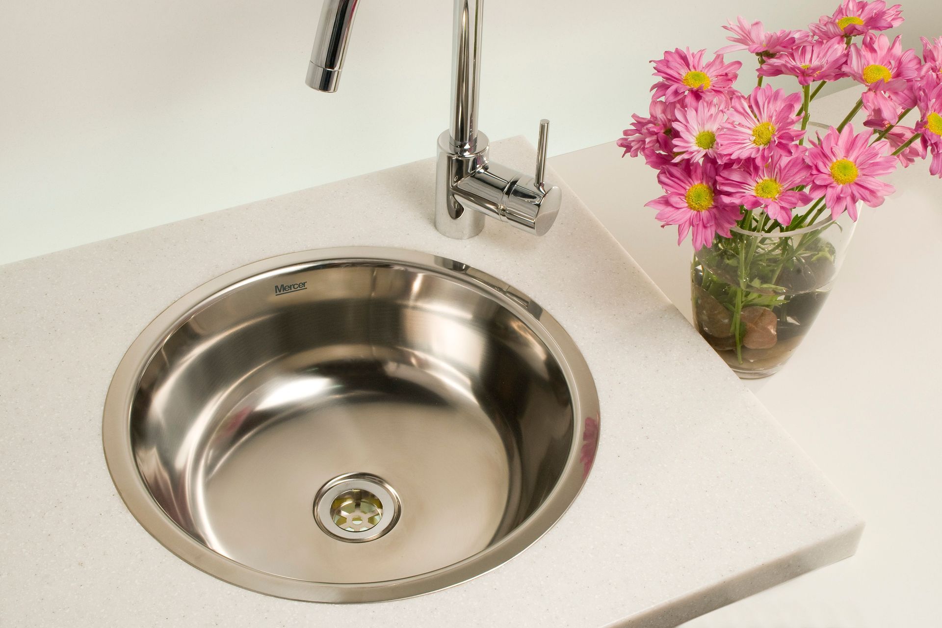 The Round pressed stainless steel sink makes a great little prep or bar sink for indoor and outdoor kitchens.