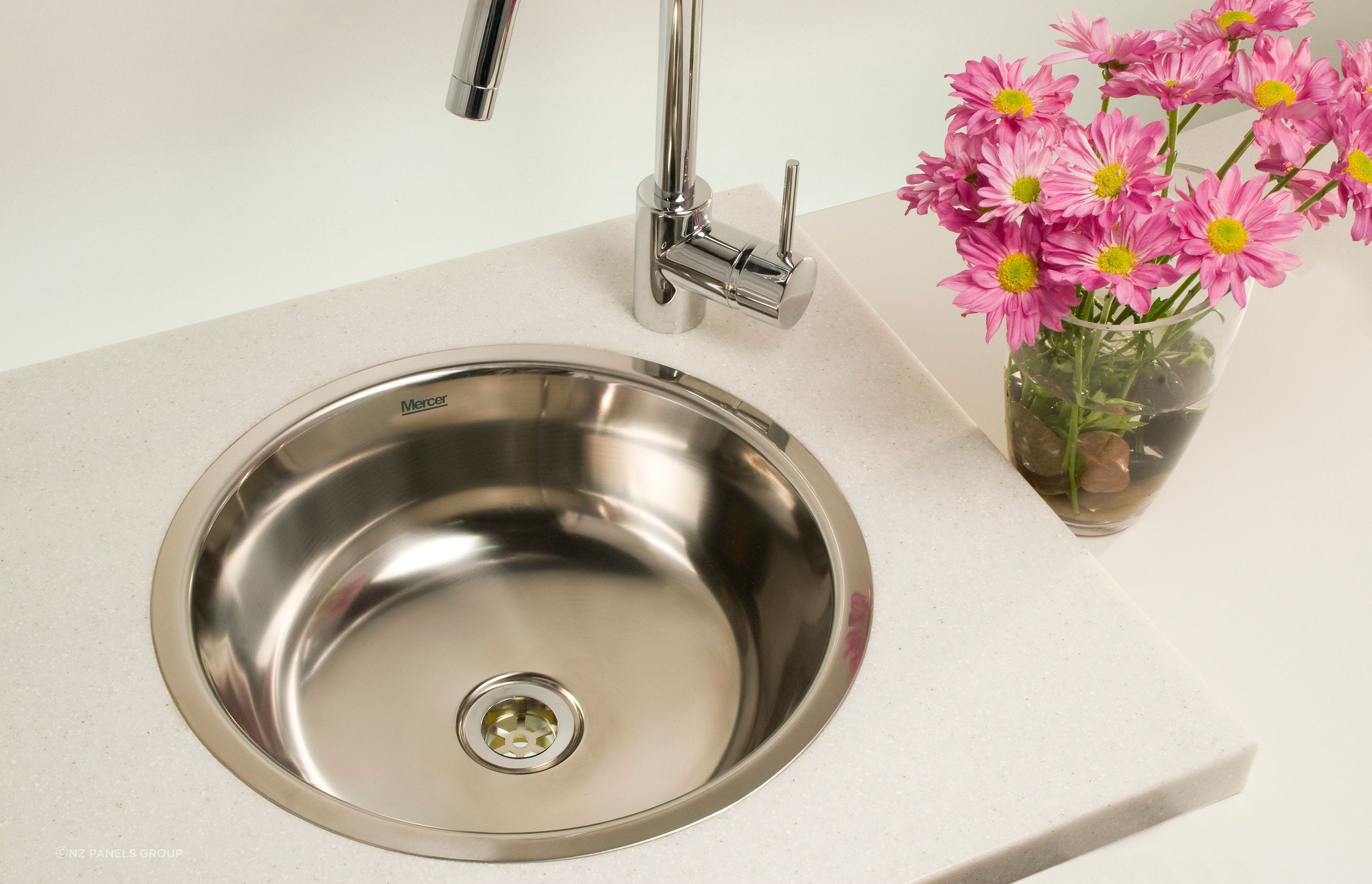 The Round pressed stainless steel sink makes a great little prep or bar sink for indoor and outdoor kitchens.