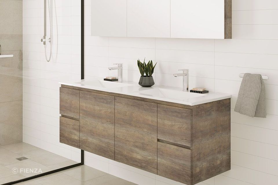 The natural woodgrain finish of the Carmen Door &amp; Drawer Vanities by Fienza brings a relaxed ambience.