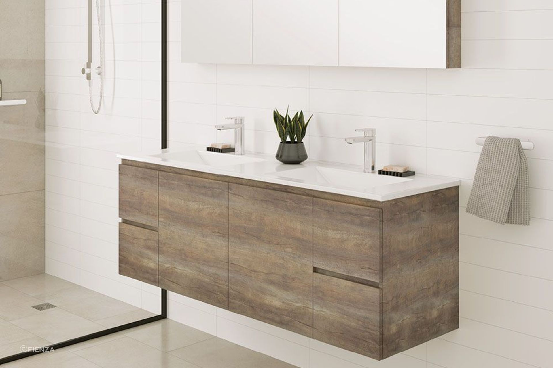 The natural woodgrain finish of the Carmen Door & Drawer Vanities by Fienza brings a relaxed ambience.