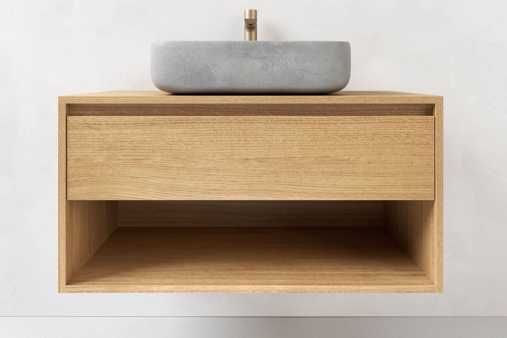 The Clara Bathroom Vanity from C S Studios is a great example of a melamine vanity with a convincing Oak look finish.