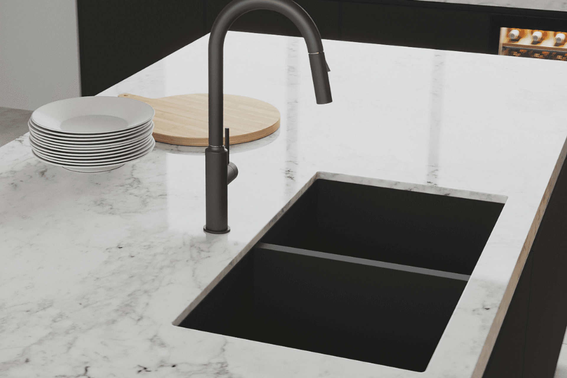 A bold matte black finish to a quartz material sink — The Comiso Double Bowl Sink from Castano.